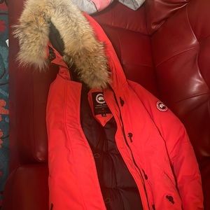 Girls Authentic candy goose size 14/16 long coat with fur detachable hood